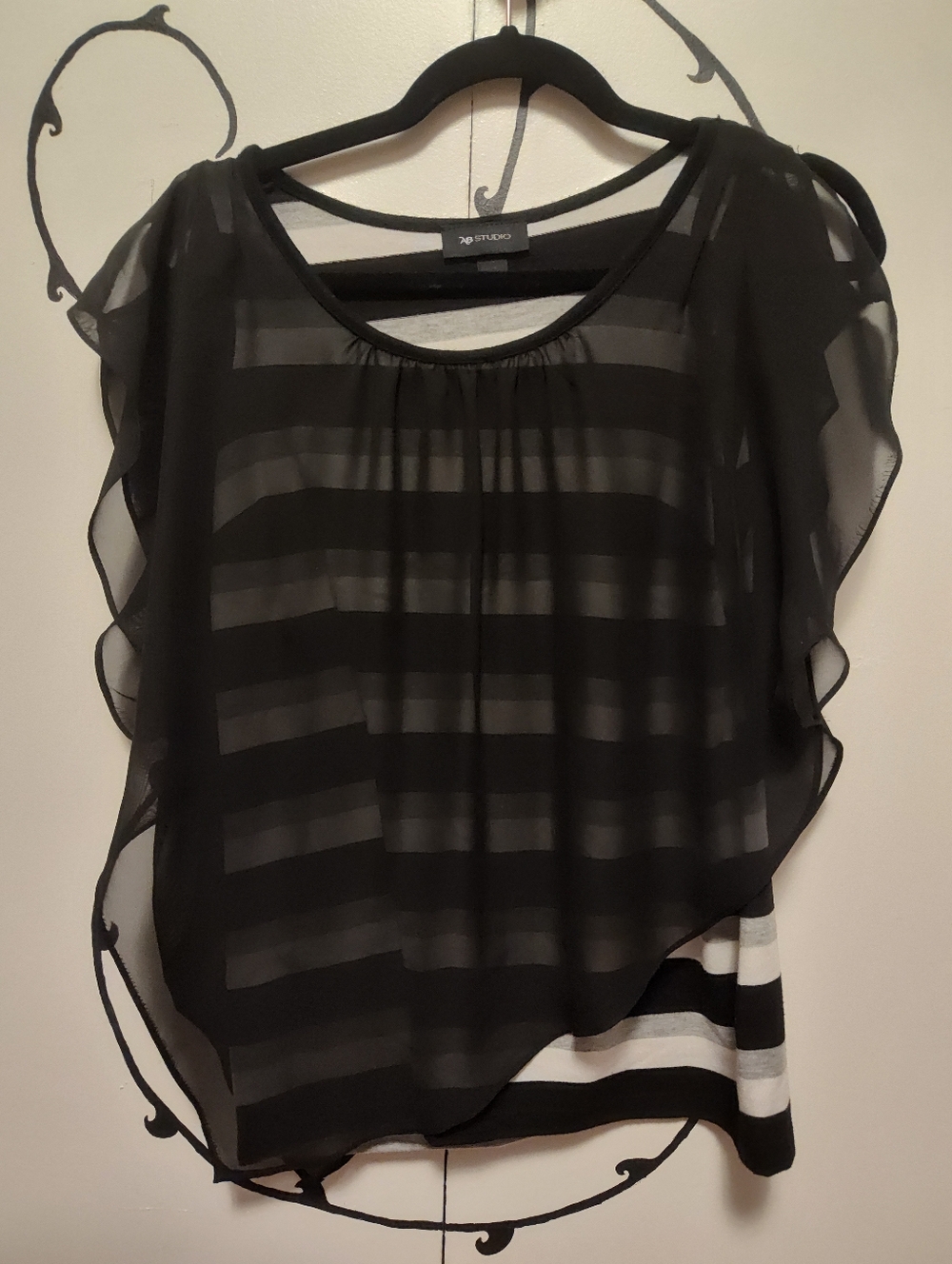 Black, White, and Gray Striped Blouse with Black Sheer Overlay